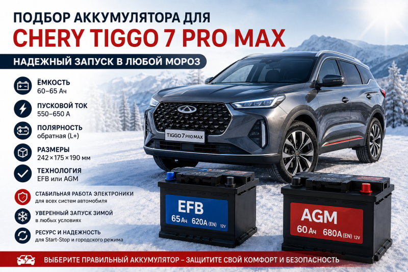 Выбор аккумулятора на Chery Tiggo 7 Pro Max: всё о ёмкости, пусковом токе и типе АКБ