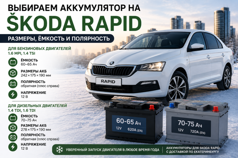 Выбираем аккумулятор на Skoda Rapid: размеры, емкость и полярность
